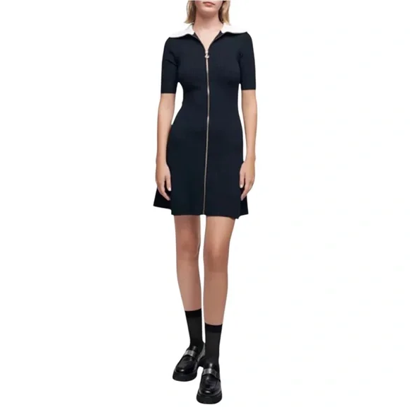 MAJE dress two tone Black Ribbed full gold zip contrast collar FR 34 US 0 XS - Picture 1 of 15